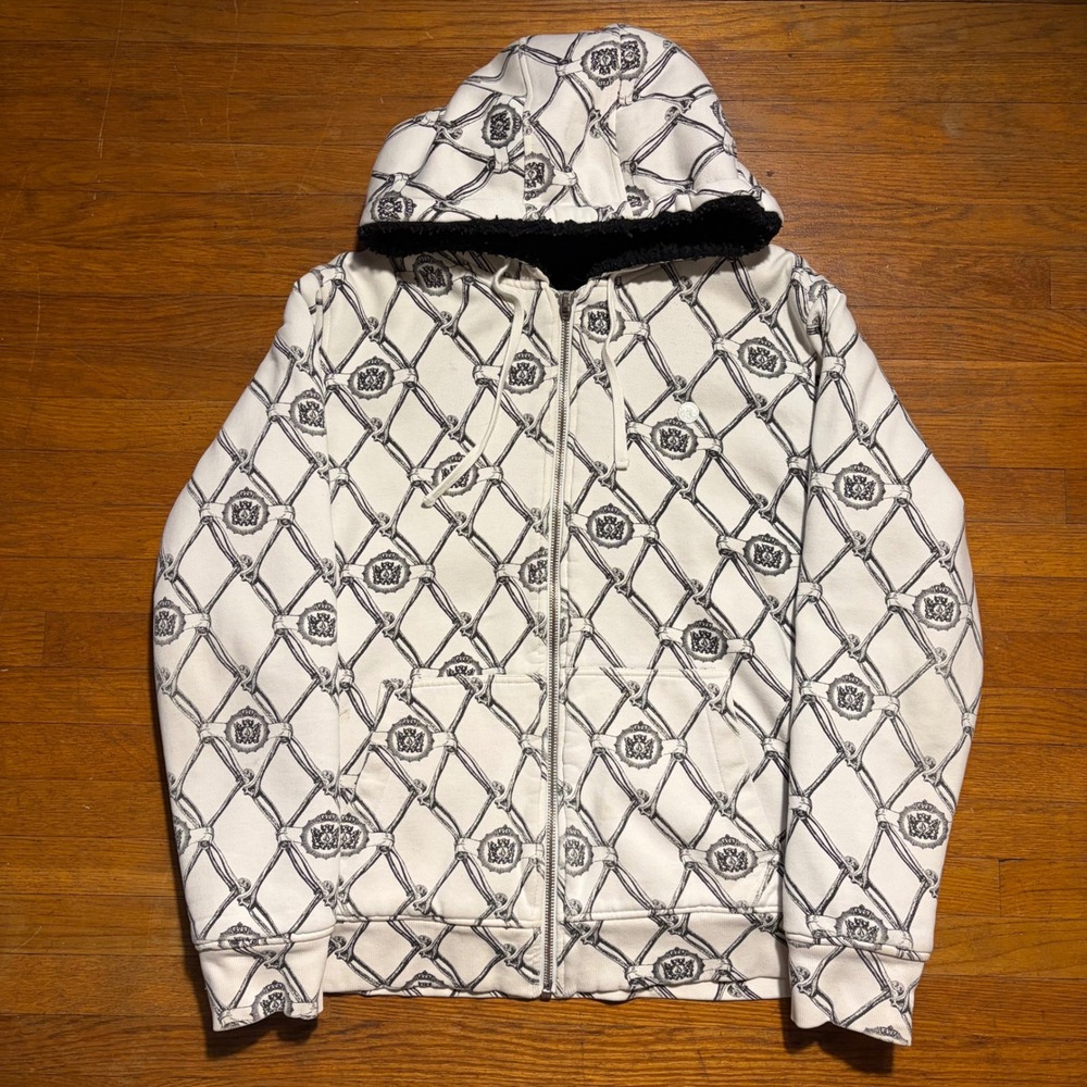 Volcom Zee Bones Fur Lined Zip Hoodie Mens XL White Black Skeleton AOP Print
